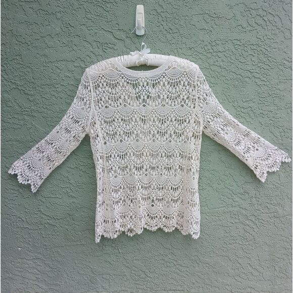 NWOT FORGOTTEN GRACE 100% Cotton Knit Cream Long Sleeve See-Thru Lace Up Top M - Picture 2 of 8